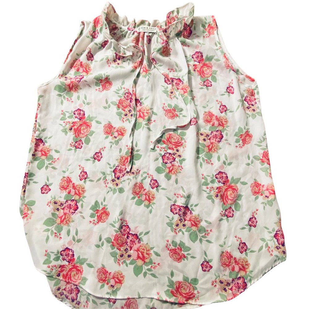 Jon & Anna Delicate Pink Rose Print, Ruffle Neck, Tie Juniors XL Spring Boho